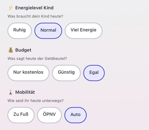 Vorabansicht der TagDieb Tagespräferenzen für Energie, Budget und Mobilität.