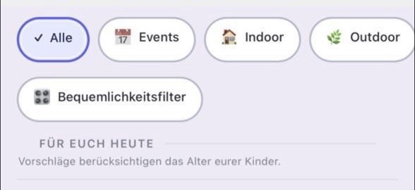 Vorabansicht eines TagDieb Filterausschnitts mit den Kategorien Alle, Events, Indoor und Outdoor.