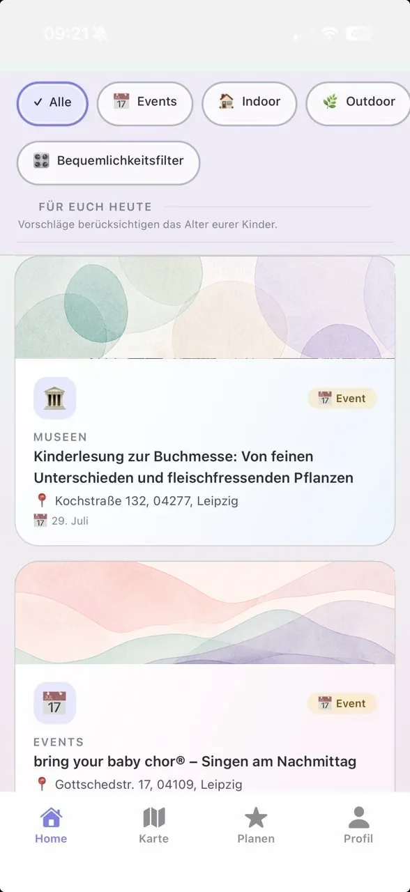 TagDieb Feed mit Aktivitäten und alltagstauglichen Filtern.