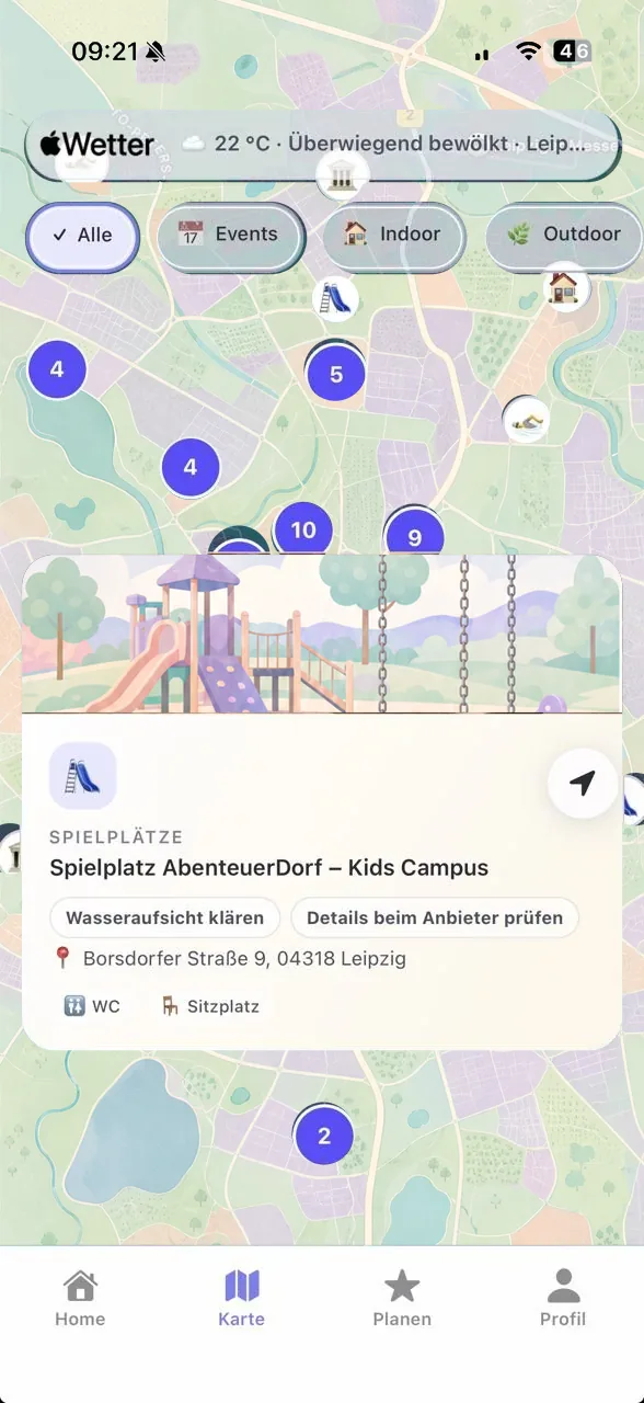 TagDieb Kartenansicht mit Aktivitäten in der Umgebung.