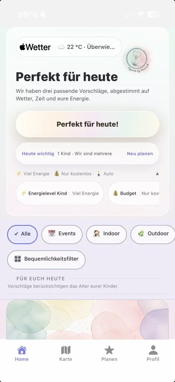 TagDieb Startansicht mit der Funktion Perfekt für heute.