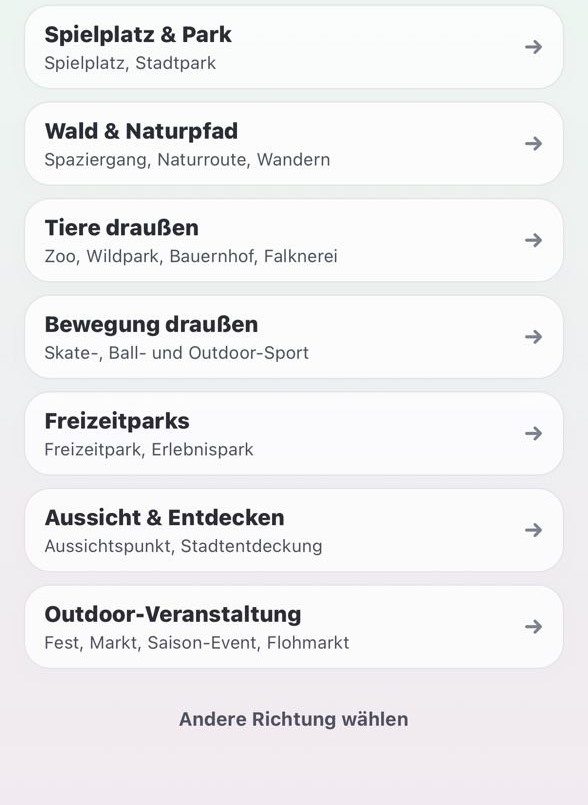 Vorabansicht der TagDieb Plan-B-Auswahl mit alternativen Aktivitätsrichtungen.